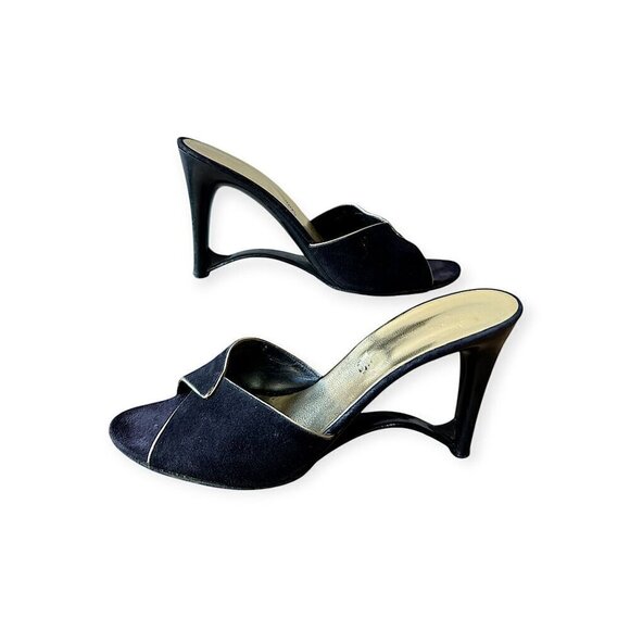 Andrew Geller Black Suede Gold‎ Trim Cutout Wededge Sandals, Vintage, - Picture 2 of 15